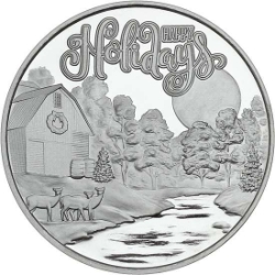 2025 Happy Holidays Moonlit Creek Farm 1&nbsp;oz Silver Round silver, rounds, silver coins, silver bullion, christmas silver, farm, 2025, medallion, 1 oz silver, 999 silver, christmas, silver, fine silver coins, holiday